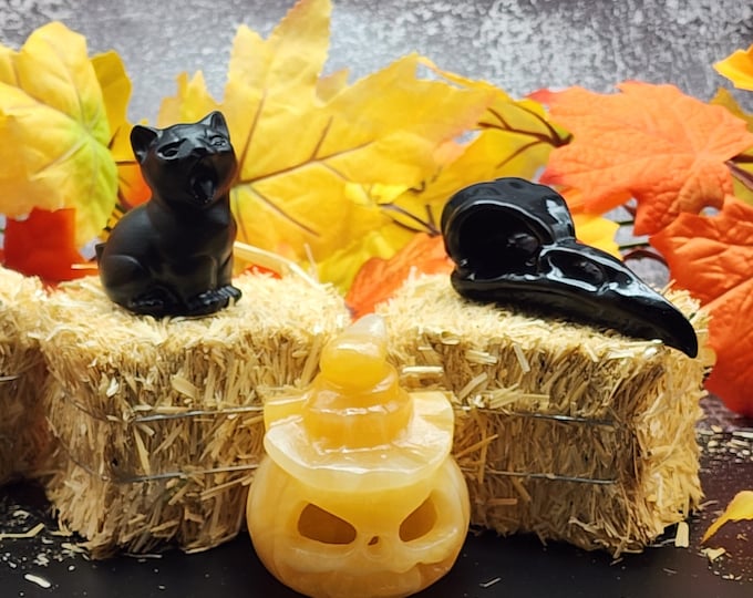 Crystal Halloween Decor Set: Calcite Jack-O-Lantern, Obsidian Raven Skull & Cat