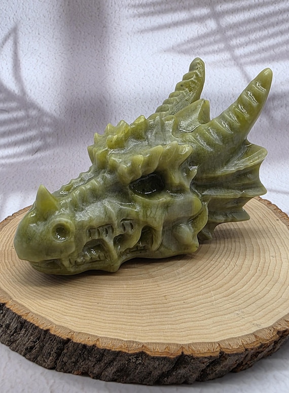 Lemon Jade Dragon Skull, Hand Carved Crystal Skull, Dragon Spirit Protection Stone, Fantasy Crystal Carving, Unique Gift
