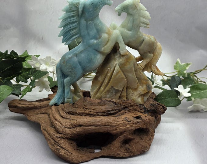 Hand Carved Caribbean Calcite Double Horse Sculpture, Natural Wood Stand Decor