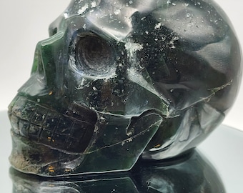 Hand Carved Moss Agate Skull: Large Polished Crystal with Druzy