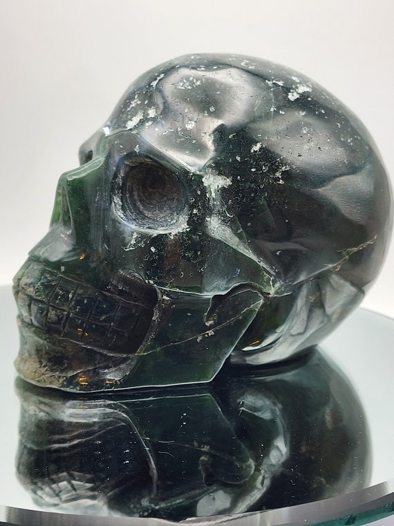 Natural Moss Agate Large Skull, Agate, Polished, Hand Carved Skull, With Small Druzy