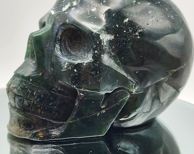 Hand Carved Moss Agate Skull: Large Polished Crystal with Druzy