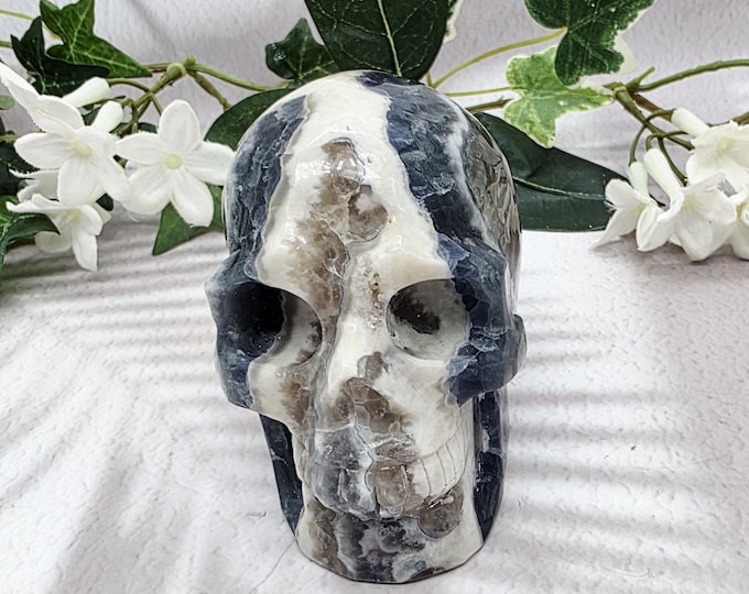 Hand-Carved Banded Fluorite Skull, Natural Crystal Decor, Gothic Crystal Carving