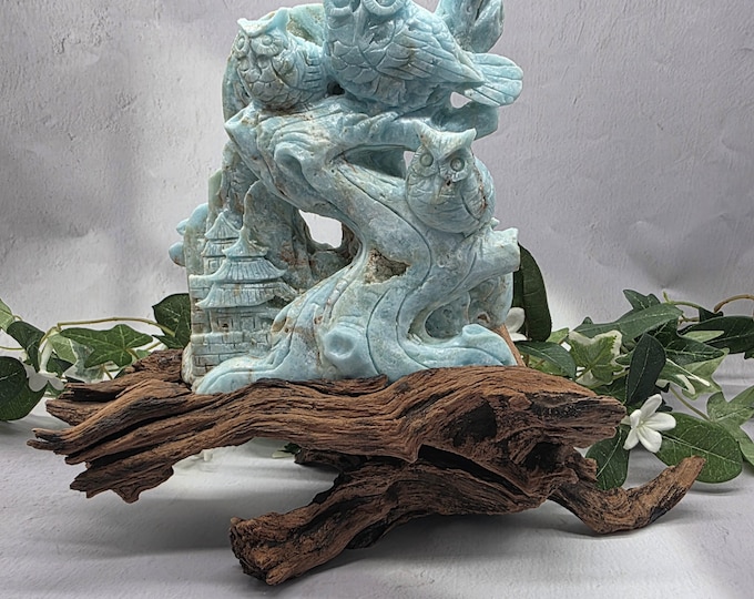 Hemimorphite Owl Family Carving on Wood Root Stand, Blue Crystal Display Piece