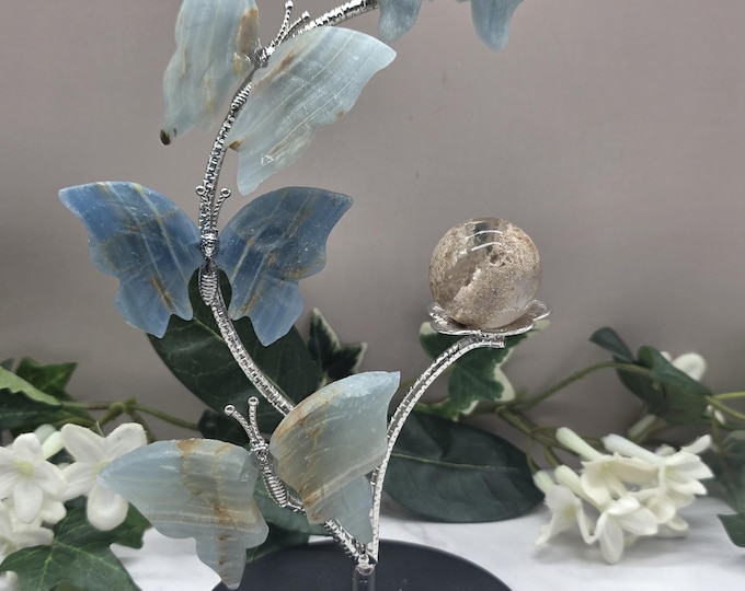 Blue Onyx Butterfly Gemstone Display, White Garden Quartz Sphere, Crystal Home Decor