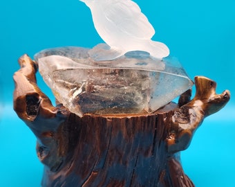 Hand-Carved Garden Quartz Bird on Nest - Custom Wood Stand Sculpture