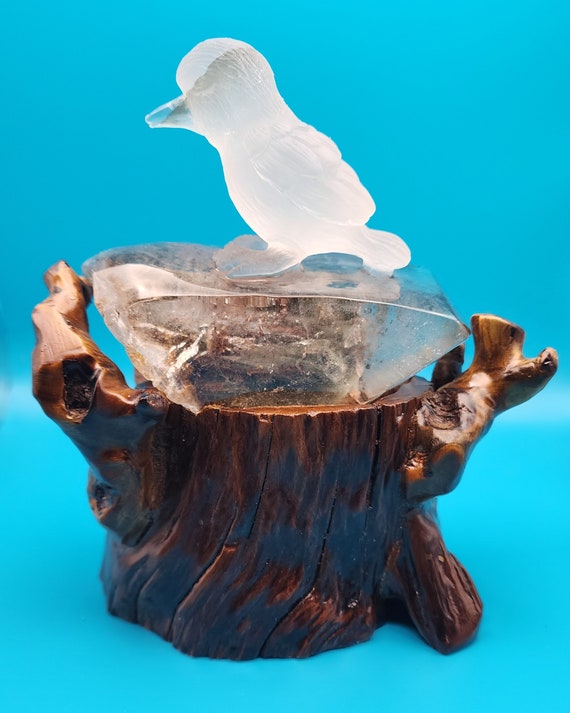Garden Quartz Bird On Nest, Hand Carved Sculpture On Custom Wood Stand, Nicely Detailed Bird, Perfect Inclusions, One Of A Kind