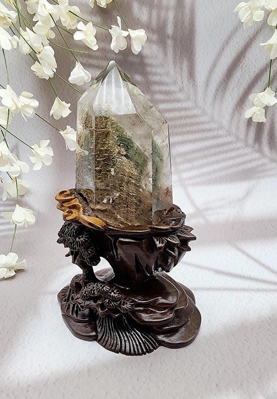 Luxury, Exquisite Garden Quartz Thousand Layers with Green Mountain, Rainbow, and Complimentary Custom Handcrafted Wood Stand, Nature's Art