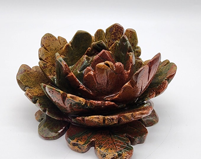 Hand Carved Ocean Jasper Lotus Flower: Large Gemstone Statement Piece