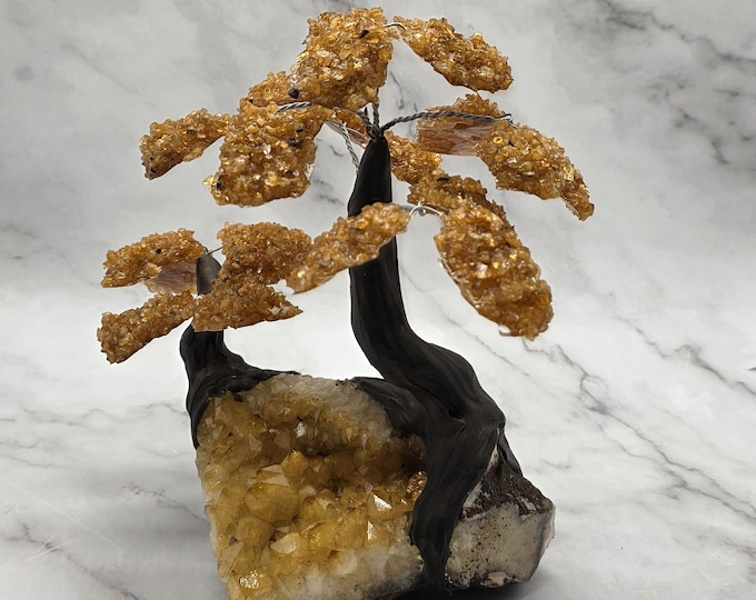 Double Citrine Crystal Bonsai Tree | 21 Leaf Citrine Sculpture | Heat Treated Citrine Cluster | Statement Crystal Décor