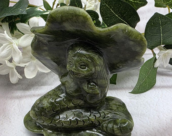 Xiuyan Jade Mermaid Figurine | Hand-Carved Green Jade Mermaid Under Seashell | Ocean Spirit Crystal Sculpture | Symbol of Intuition & Harmon