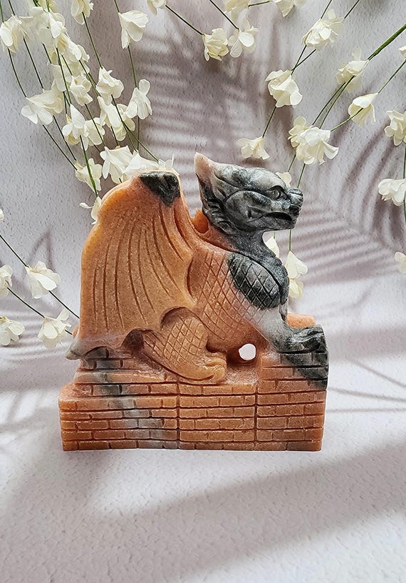 Sunstone Dragon On Castle Wall, Hand Carved Gemstone Dragon, Mystical Dragon Gift, Crystal Dragon, Medieval Decor