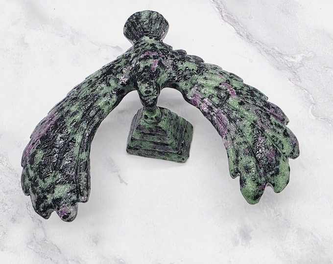 Hand Carved Ruby Zoisite Bird Spinner, Balanced Gemstone Eagle Sculpture (4.33" Wingspan)