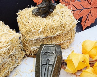 Pyrite Halloween Decor Set: Witch Cat & Coffin Figurines