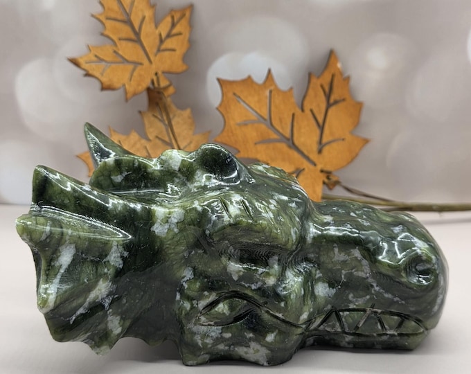 Hand Carved Jade Dragon Head Figurine | Fantasy Stone Decor (5" L)