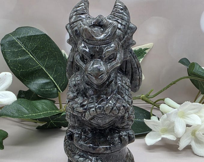 Hand-Carved Yooperlite Dragon: UV Reactive Orange Fluorescence, Gothic Fantasy Decor (4.5 Inch)
