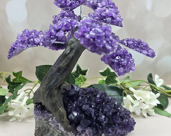 Uruguay Amethyst Geode Tree, 15 Crystal Leaves, Natural Purple Decor