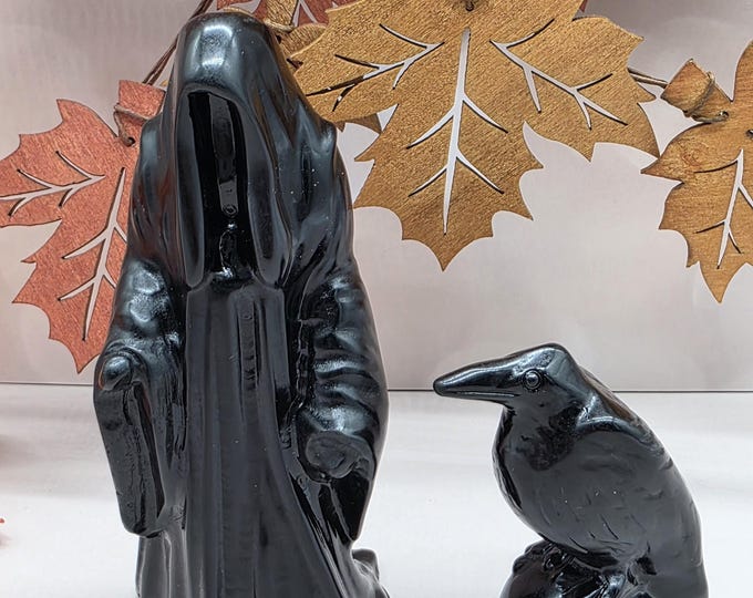 Black Obsidian Grim Reaper & Raven Set, Gothic Halloween Crystal Carvings