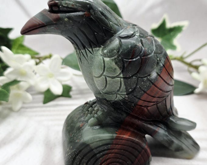 Hand Carved African Bloodstone Raven Sculpture, Gothic Crystal Bird with Wood Stand