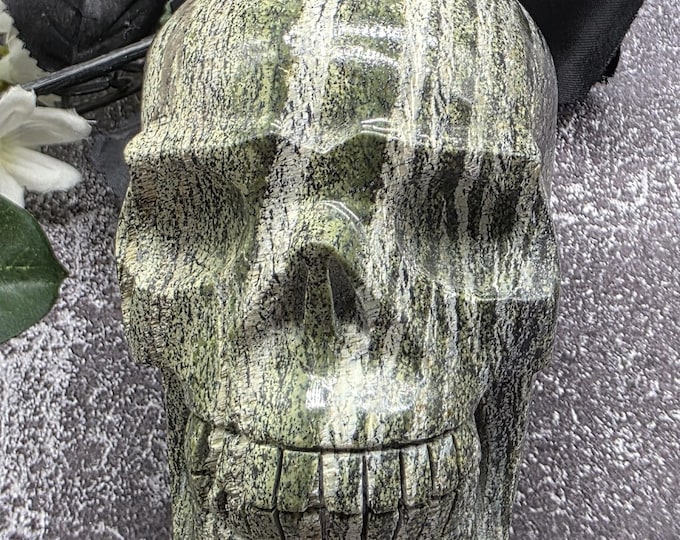 Hand-Carved Green Zebra Jasper Crystal Skull: Gothic Altar Decor