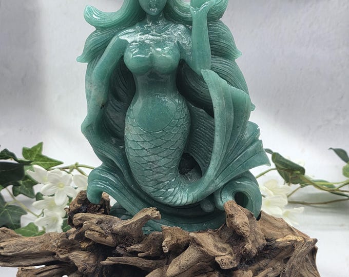 Amazonite Mermaid Carving on Natural Wood Root Stand, Hand Carved Stone Mermaid Sculpture, Ocean Goddess Crystal Decor