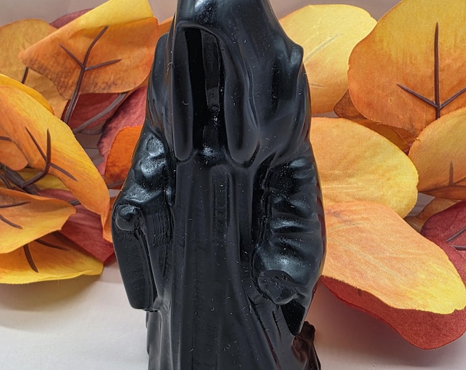 Polished Black Obsidian Grim Reaper Carving, Gothic Halloween Crystal Figurine