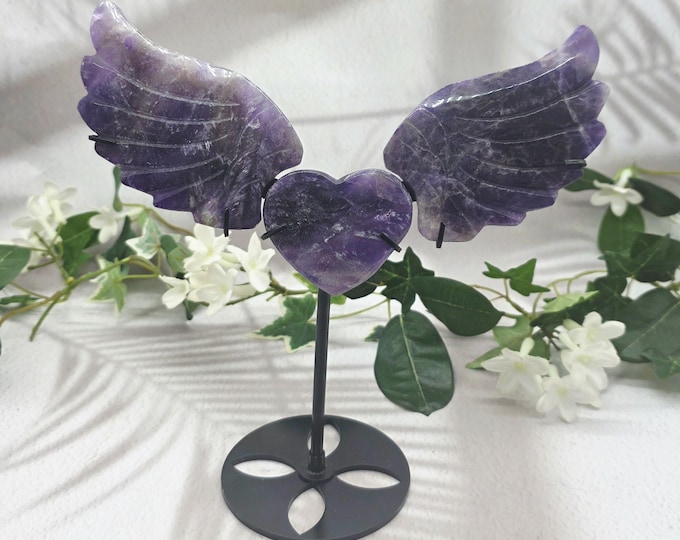 Hand-Carved Amethyst Heart with Angel Wings, Celestial Crystal Decor (8.5" H)