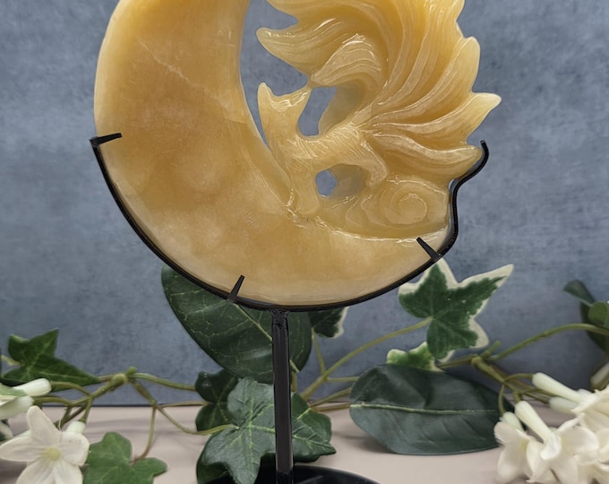 Hand Carved Calcite Nine-Tailed Fox Crescent Moon Sculpture, Celestial Crystal Decor (Custom Stand)