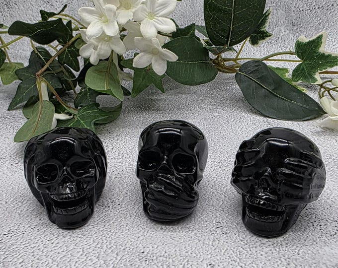 Hand-Carved Black Obsidian Skull Set – Hear See Speak No Evil Trio