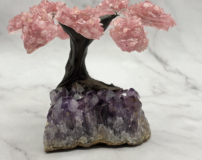 Amethyst Cluster Tree with Rose Quartz Leaves • Crystal Bonsai Tree • Love & Healing Décor • Handcrafted Gemstone Art • Unique Gift