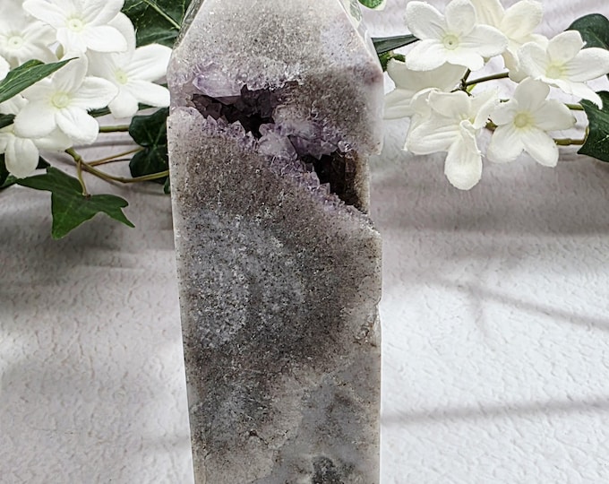 Agate Amethyst Druzy Tower Point Obelisk | Heart Chakra Crystal | Healing Stone | Crystal Decor | 1 lb 4 oz Druzy Amethyst Agate Point