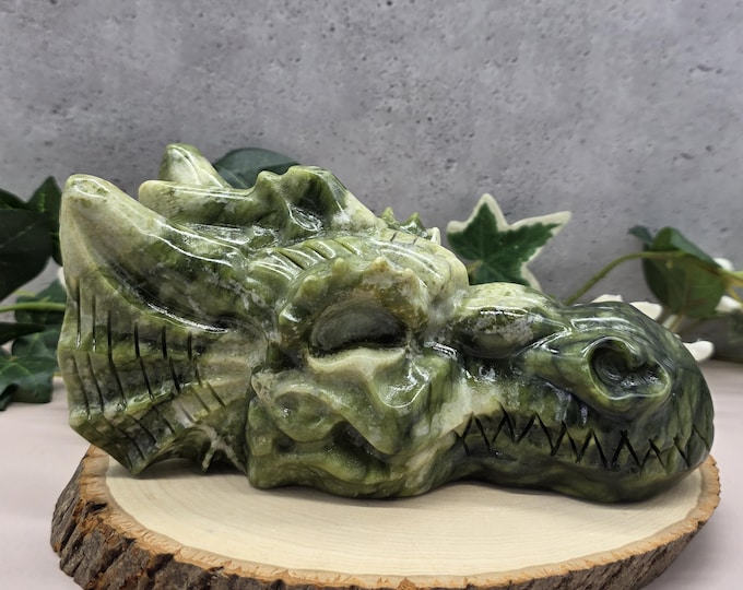 Hand Carved Jade Dragon Head | Fantasy Stone Figurine (6.5" Long)