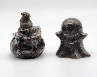 Yooperlite Pumpkin & Ghost Set: Hand Carved UV Reactive Halloween Decor