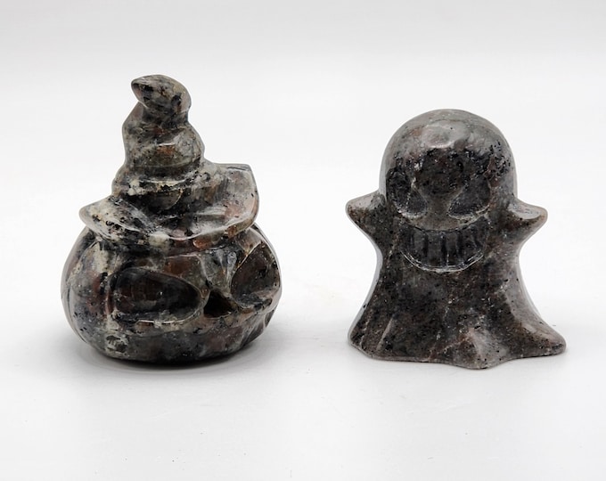 Yooperlite Pumpkin & Ghost Set: Hand Carved UV Reactive Halloween Decor