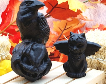 Black Obsidian Halloween Decor Set: Raven on Jack-o-Lantern & Witch Cat