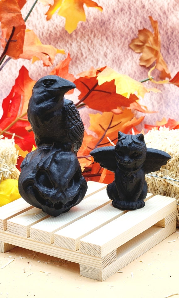 Mystical Unpolished Black Obsidian Set: Raven on Jack-o-Lantern & Witch Cat, Halloween Decor, Crystal Raven, Black Cat, Gothic, Witchy Theme