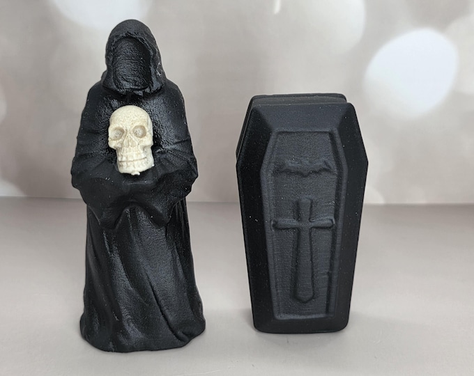 Black Obsidian Grim Reaper & Coffin Set, Gothic Halloween Crystal Carving (2-Piece)