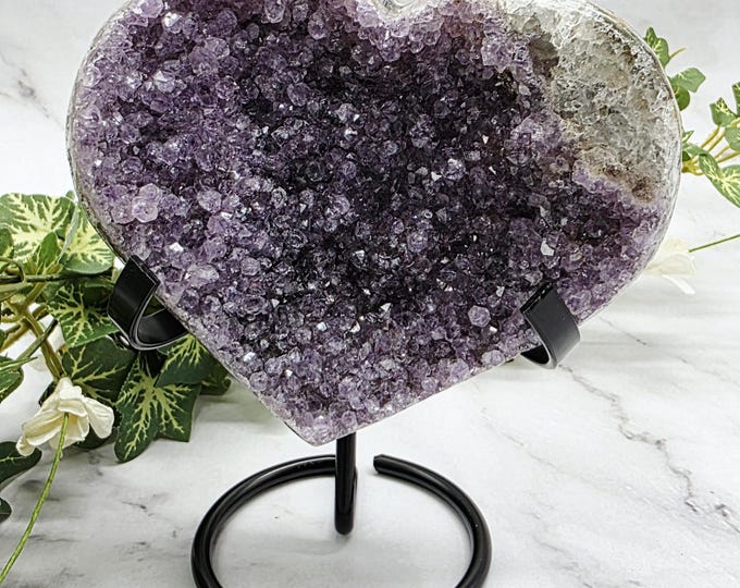 Amethyst Agate Crystal Heart Carving with Stand: Reiki Healing Gemstone