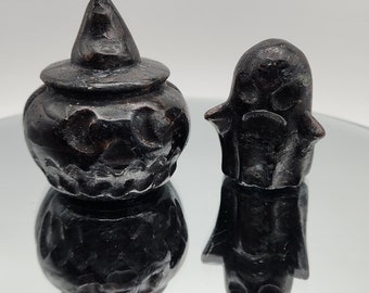 Hand Carved Firework Stone Pumpkin and Ghost Set: Halloween Decor