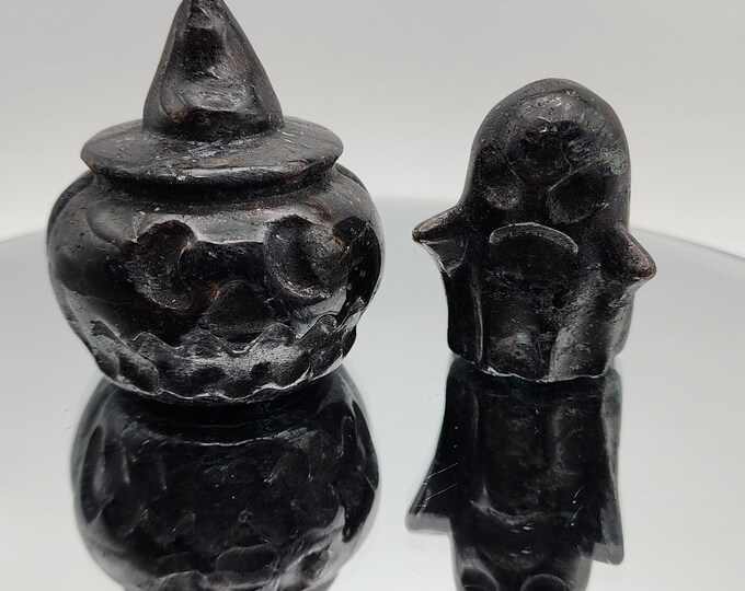 Hand Carved Firework Stone Pumpkin and Ghost Set: Halloween Decor