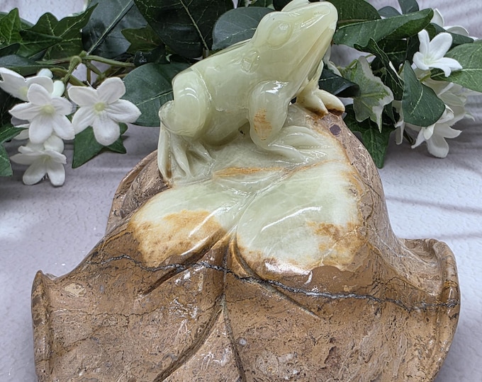 Afghan Jade Frog on Leaf, Large Polished & Natural Serpentine Stone Frog Display