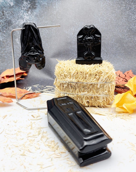 Black Obsidian Halloween Decor Gemstone Set, Coffin/Casket, Tombstone, Bat, Hand-Carved Crystal Decor, Gothic Elegance, Fall Decor.
