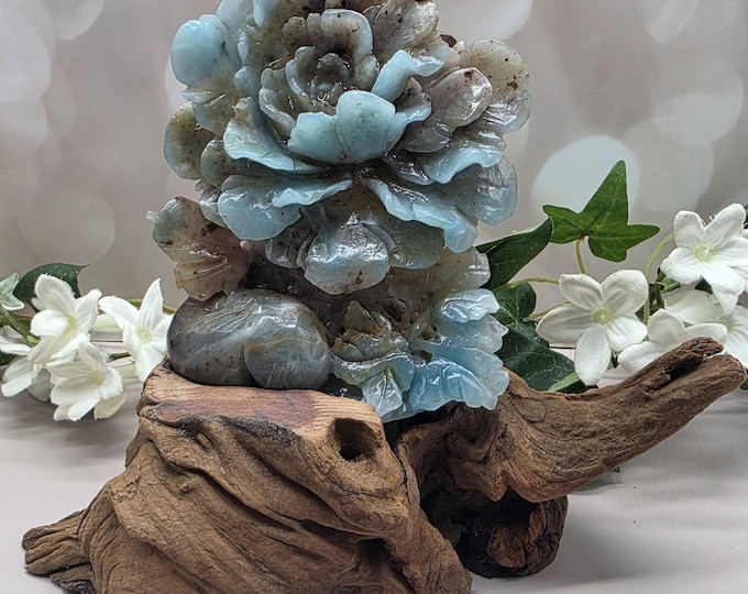 Caribbean Calcite Flower Carving with Natural Wood Root Display Stand