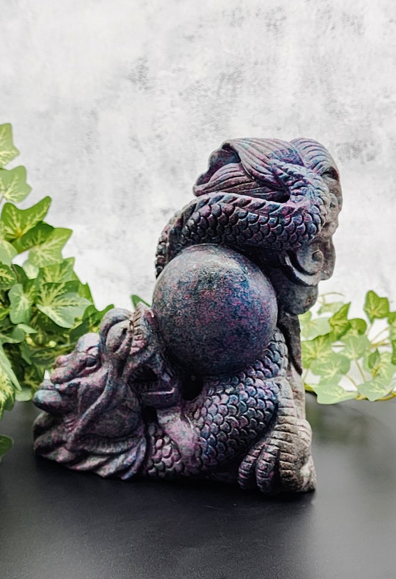 Ruby Kyanite Hand-Carved Dragon, Statement Piece, UV Reactive Ruby In Kyanite Dragon Carving