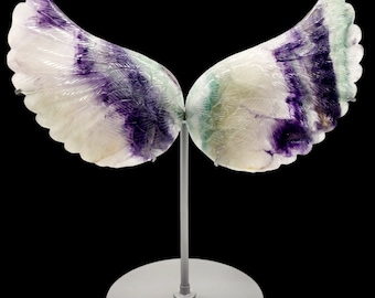 Flourite Angel Wings: Hand Carved Statement Piece with Stand