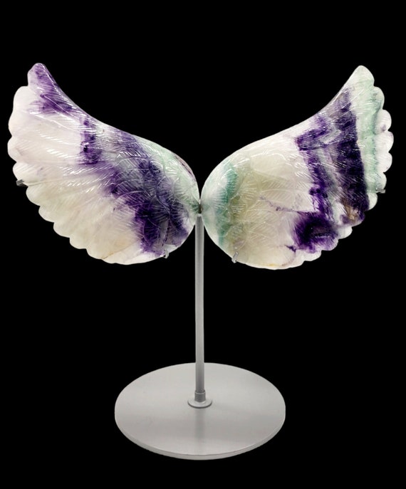Flourite Angel Wings, with Stand, Natural Flourite, Hand Carved Wings, Positive Energy, Large Statement Wings