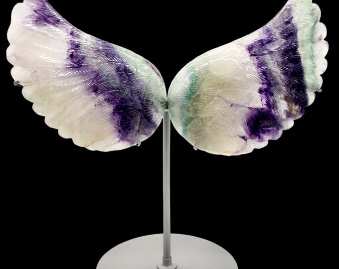 Flourite Angel Wings: Hand Carved Statement Piece with Stand