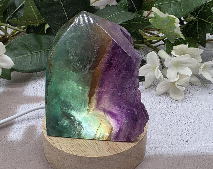 Polished Rainbow Fluorite Cupcake Point, Raw Side Crystal Display (USB Light Stand Included)