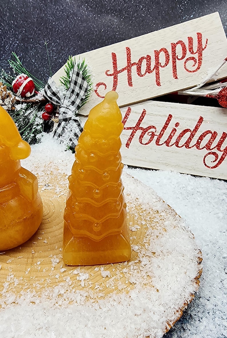 Honey Calcite Crystal Christmas Decorations 2 Piece Set, 1 Christmas Tree 1 Snowman Crystal