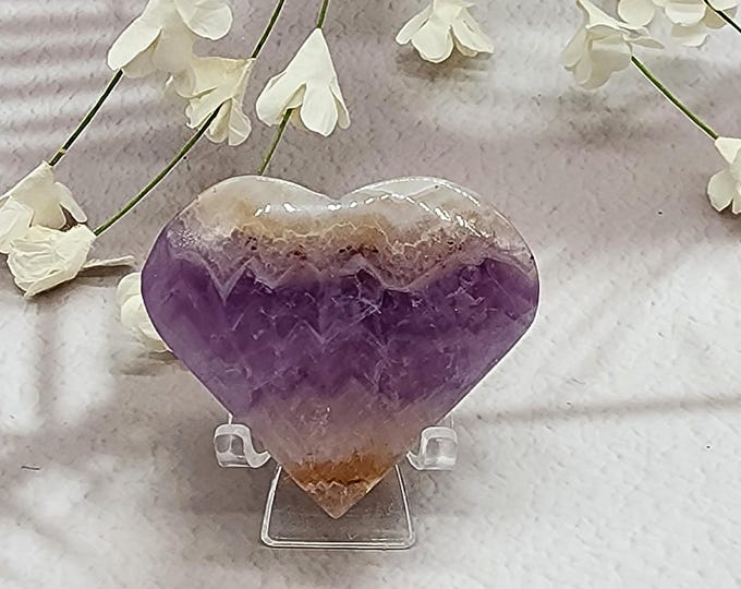 Hand-Carved Amethyst Agate Heart with Acrylic Stand